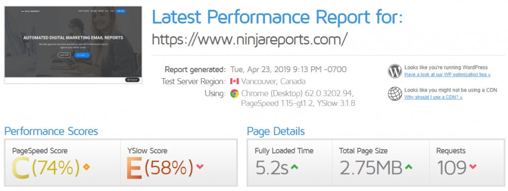 gtmetrix ninjareports speed test tool